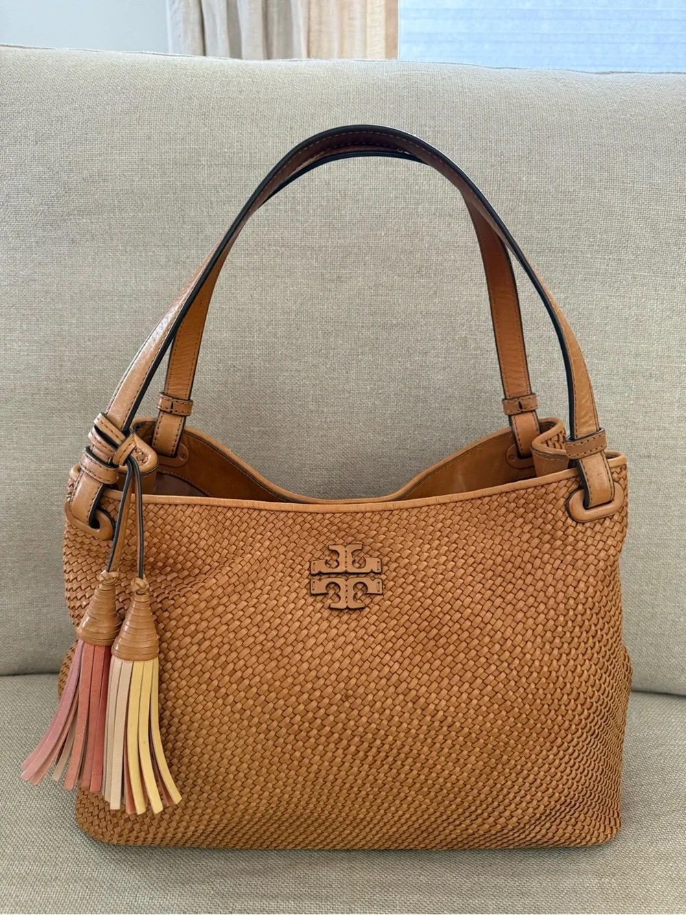 Tory Burch Tan Woven Leather Satchel with Pink & Cream Tassels - Picture 1 of 8